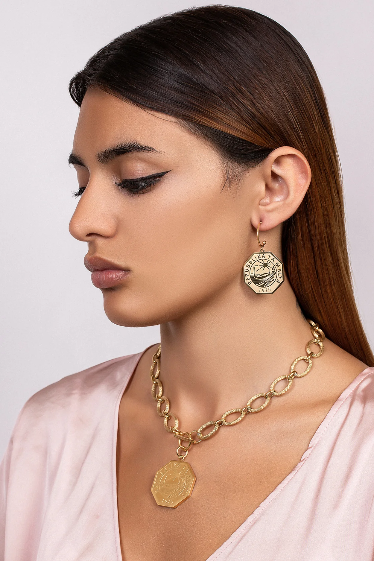 Octagon 25 Cent Luzzu Coin Pendant Hoop Earring Set - Image 3