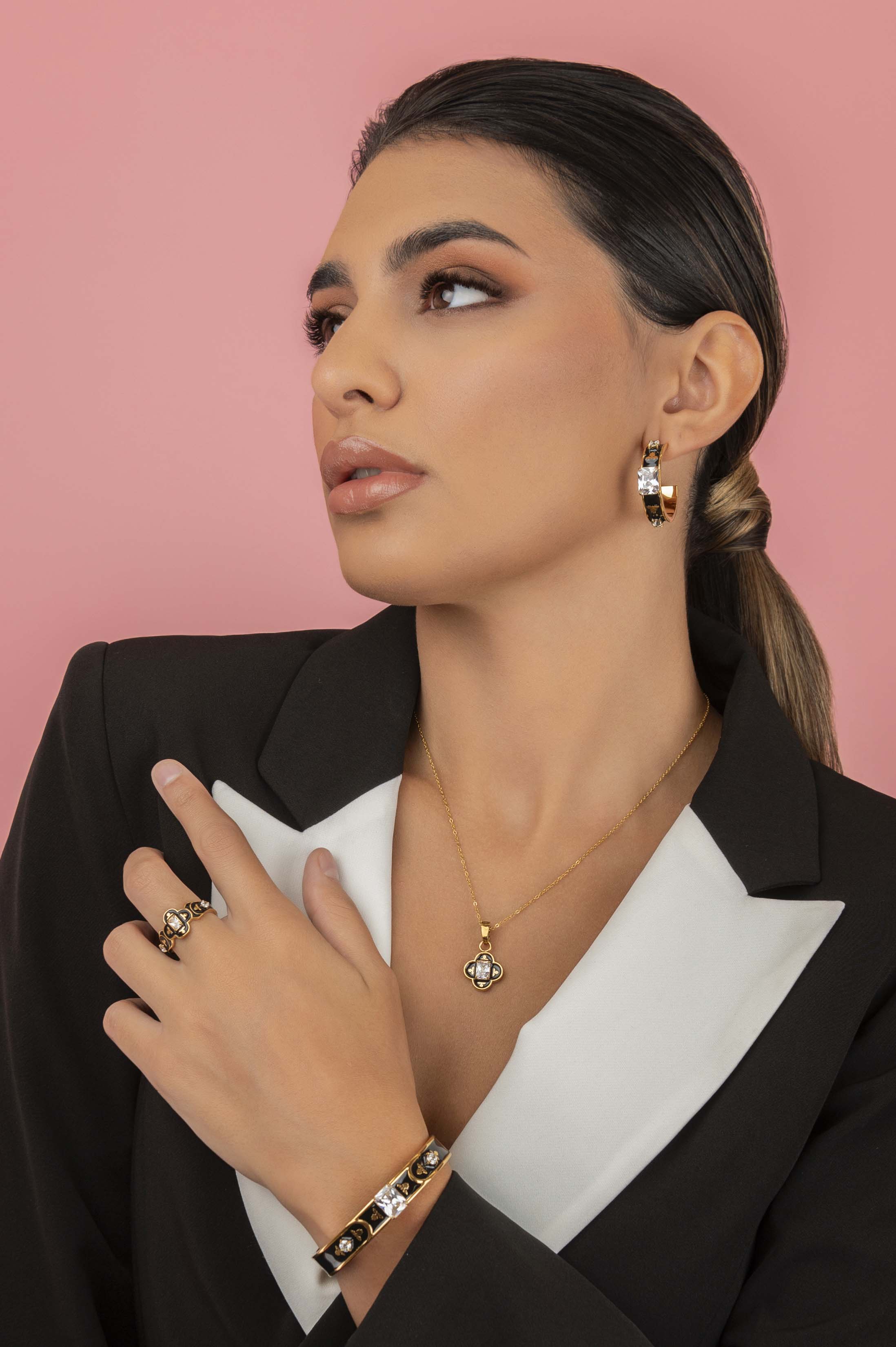 Royal Tile Black Enamel Hoop Earring Set - Image 4