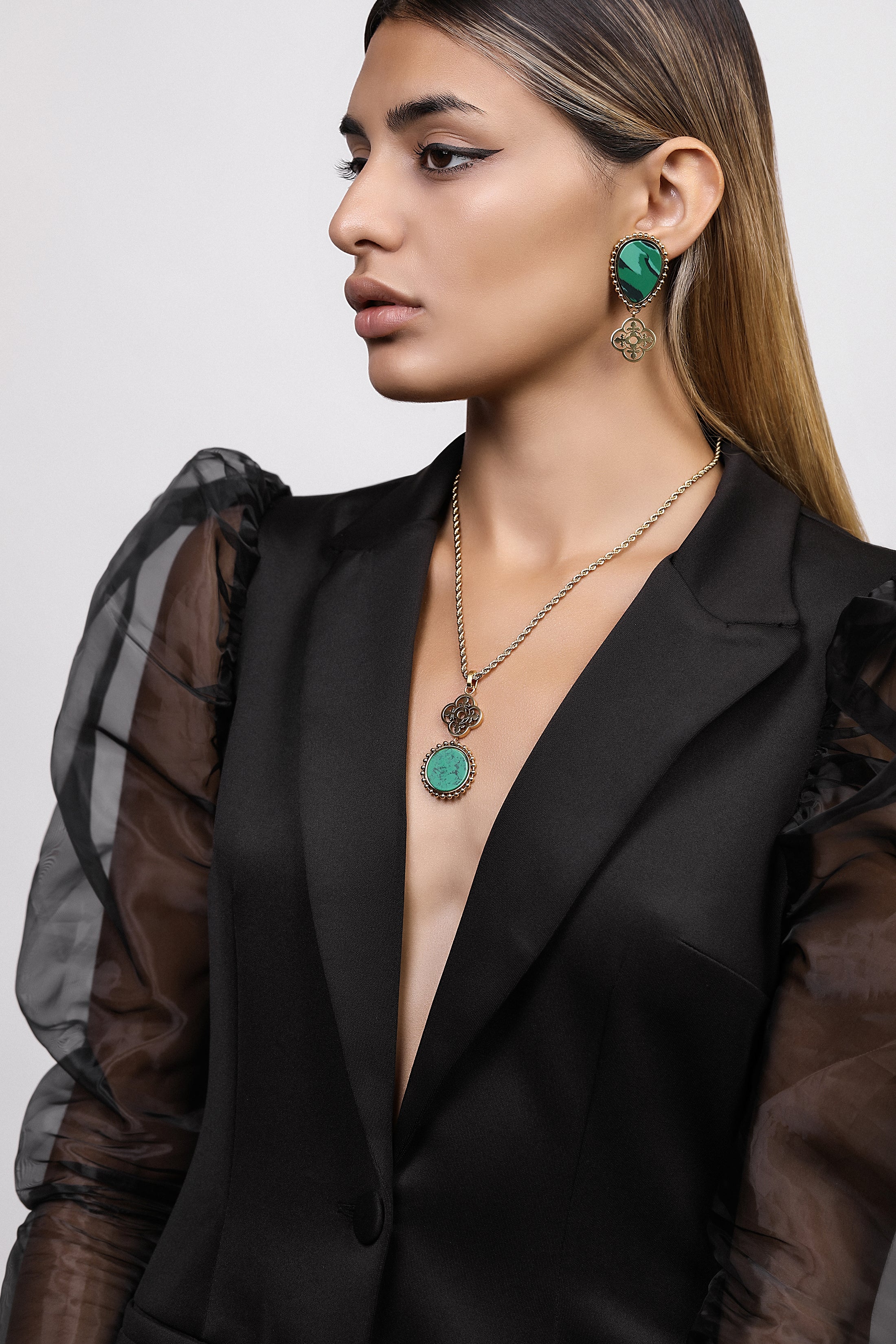 Plaza Green Stone Maltese Tile Pattern Drop Earring Set - Image 3