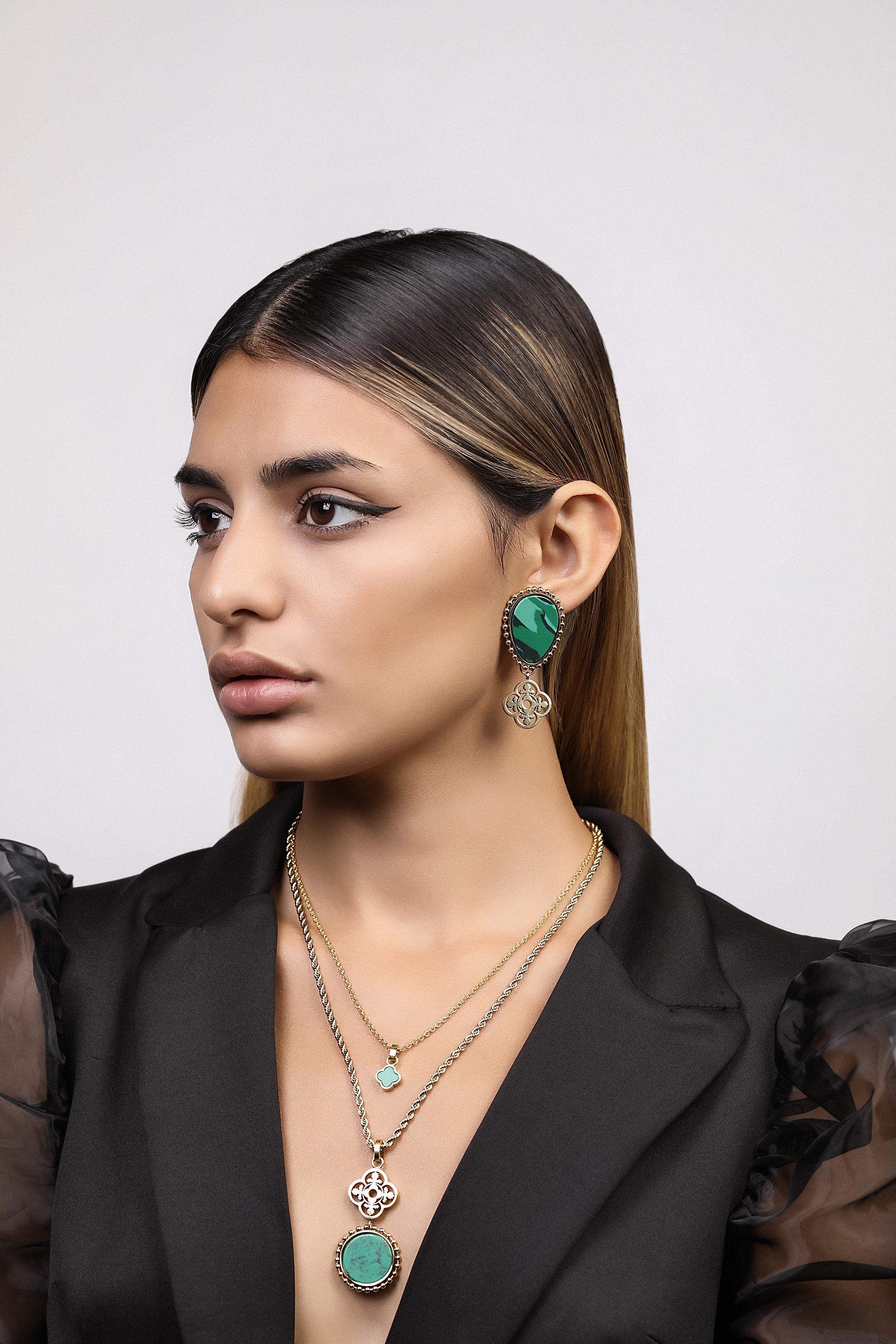 Plaza Green Stone Maltese Tile Pattern Drop Earring Set - Image 4