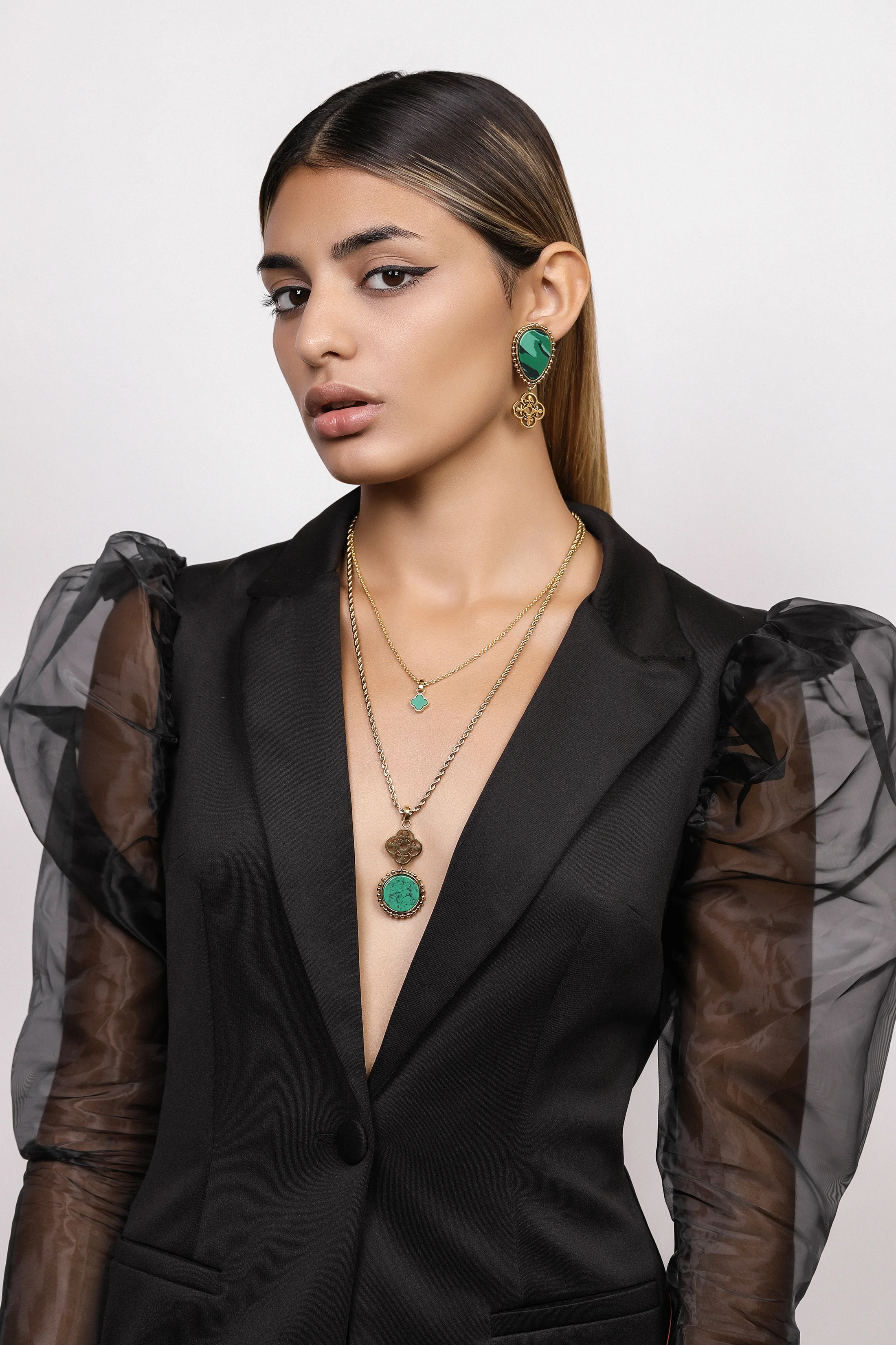 Plaza Green Stone Maltese Tile Pattern Drop Earring Set - Image 5